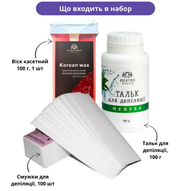 Набор для депиляции "Consumables": с кассетным воском, полоски 100 шт, тальк с ментолом 100 грамм