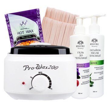 Стартовый набор для депиляции воском (Воскоплав Pro Wax 200, воск, шпатели 100 шт., гель+лосьон)
